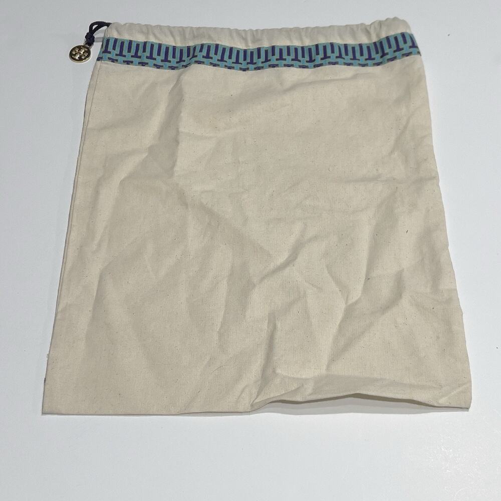 Tory Burch Dust Bag 15x14 Tan Canvas Patterned Trim Logo Charm Drawstring